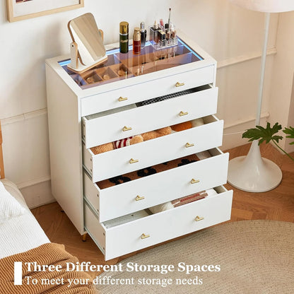 JanflyHome Drawer Dresser with LED Lights, Glass Top, Dresser with 5 Drawers Modern Storage Cabinet for Adult