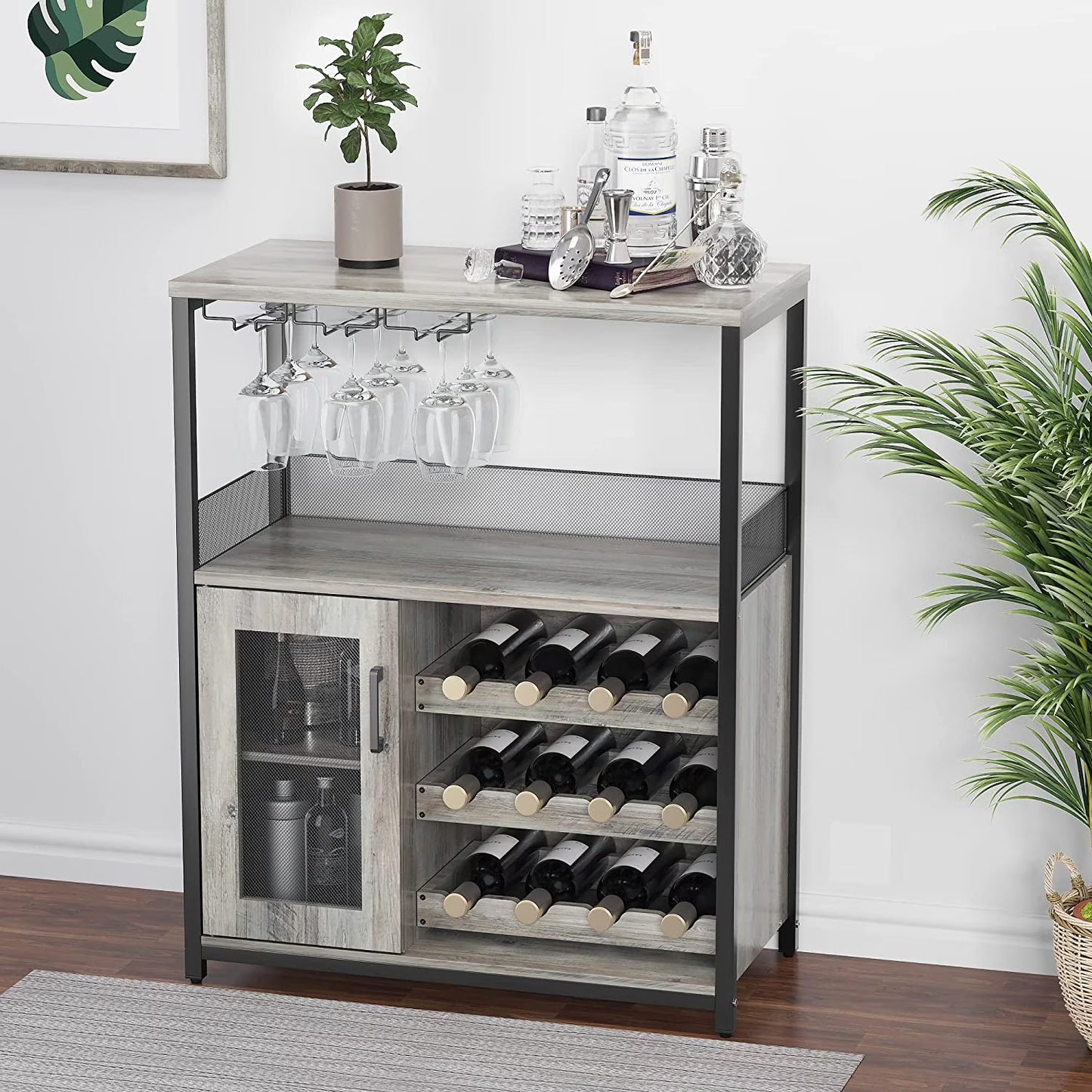 Wine Bar Cabinet, Liquor Storage Cabinet with Detachable Wine Rack, Small Coffee Bar with Glass Holder & Mesh Door, Buffet Sideboard for Dining Room, Kitchen, Living Room, Grey
