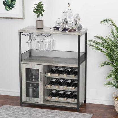 Wine Bar Cabinet, Liquor Storage Cabinet with Detachable Wine Rack, Small Coffee Bar with Glass Holder & Mesh Door, Buffet Sideboard for Dining Room, Kitchen, Living Room, Grey