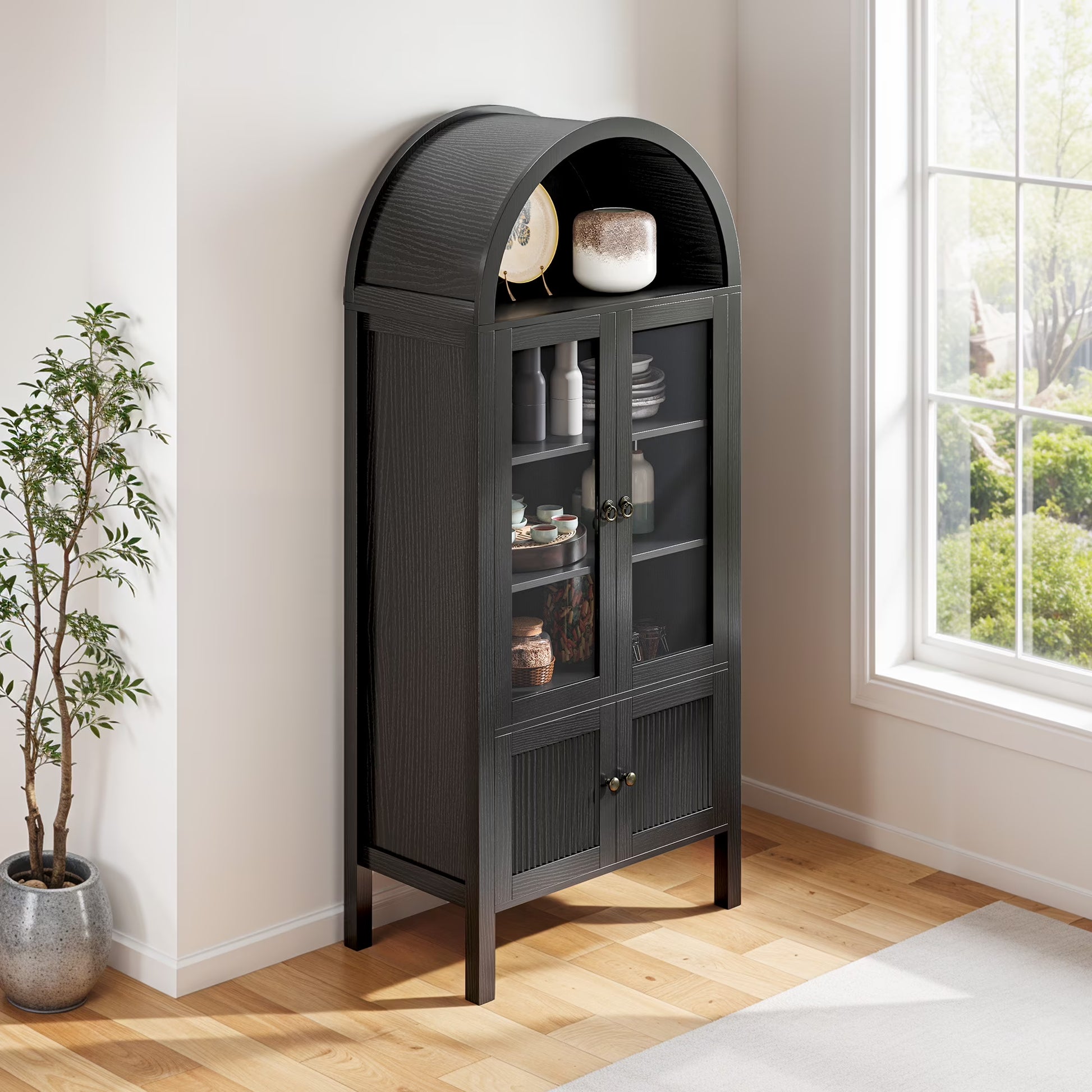 Craftian Arched Kitchen Pantry Storage Cabinet with LED Lights & Glass Doors, Display Cabinet, Natural