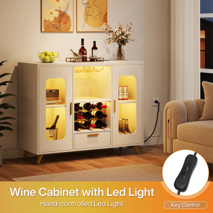 Condemo Wine Bar Cabinet with LED Light & Power Outlet, Liquor Cabinet with Wine Rack and Glass Holder for Dining Room, Living Room, Kitchen, White