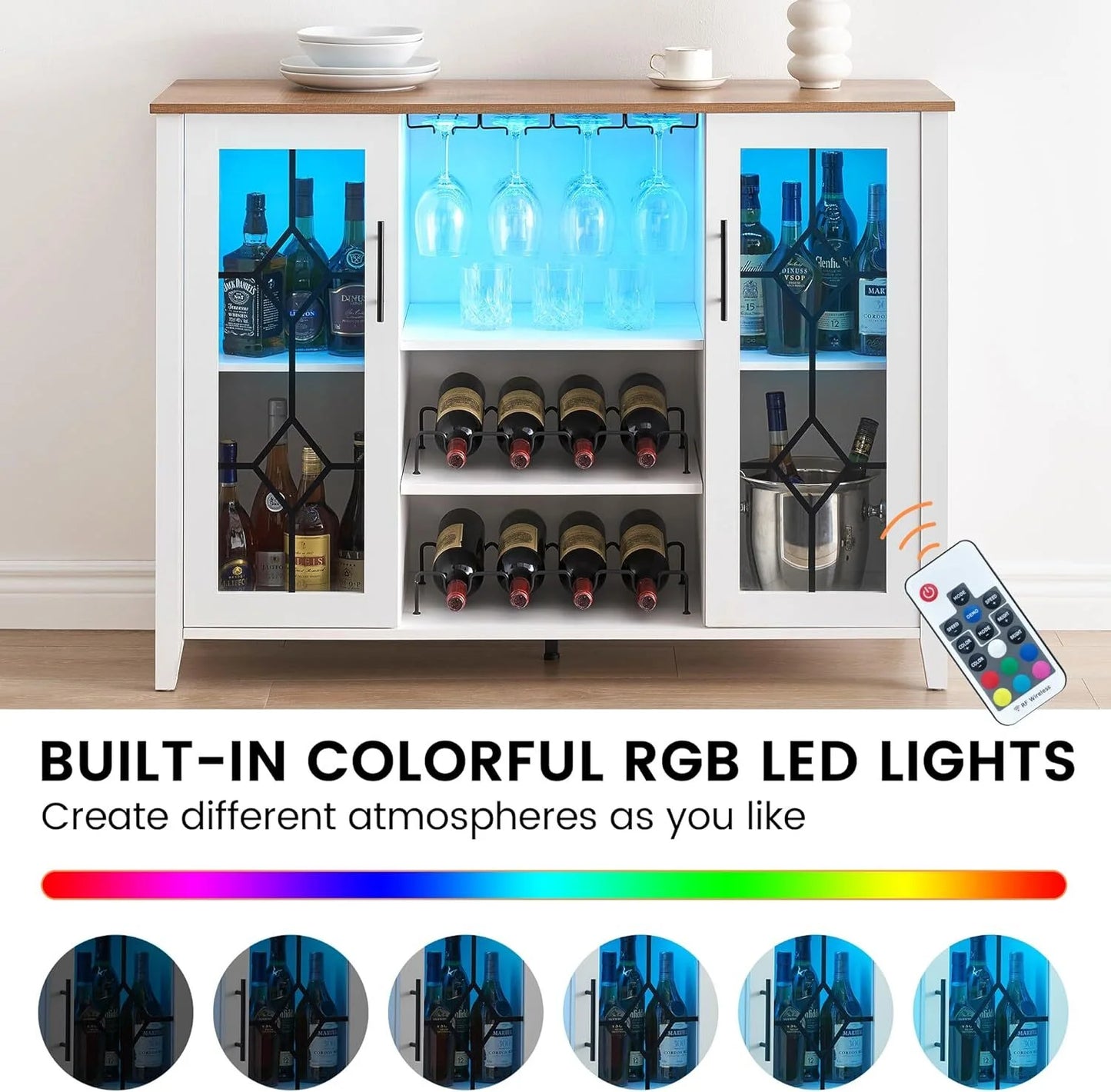 FOLDLIFE Wine Bar Cabinet with LED Lights, Liquor Cabinet Bar with Storage Cabinet, Coffee Cabinet with Bottles and Glass Rack, Buffet Sideboard with Storage Cabinet& Drawers,Dark Grey