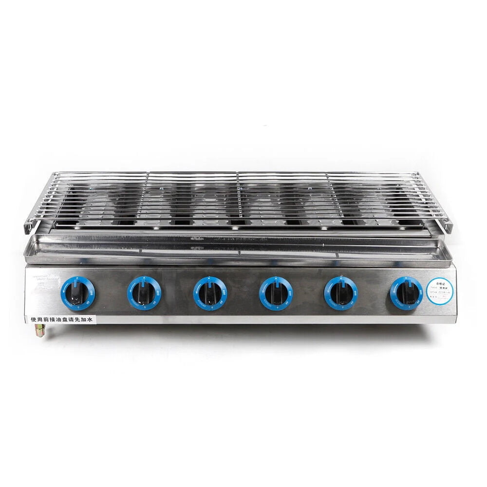 Commercial Gas LPG Grill 2800PA Outdoor BBQ Tabletop Cooker 6-Burner 6 Burners LPG Gas BBQ Grill Stainless Steel Smokeless Grill Glass Shield Outdoor