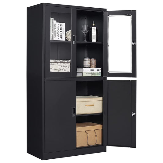 STANI Metal Cabinet with Lock, Tall Office Storage Cabinet with Glass Door, Lockable Black Steel Cabinet with 2 Adjustable Shelves for Home, Clinic, Pantry, Basement
