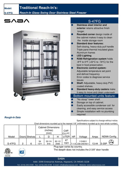 Heavy Duty Commercial 47 cu ft Stainless Steel Glass Door Reach-In Freezer (2 Door)