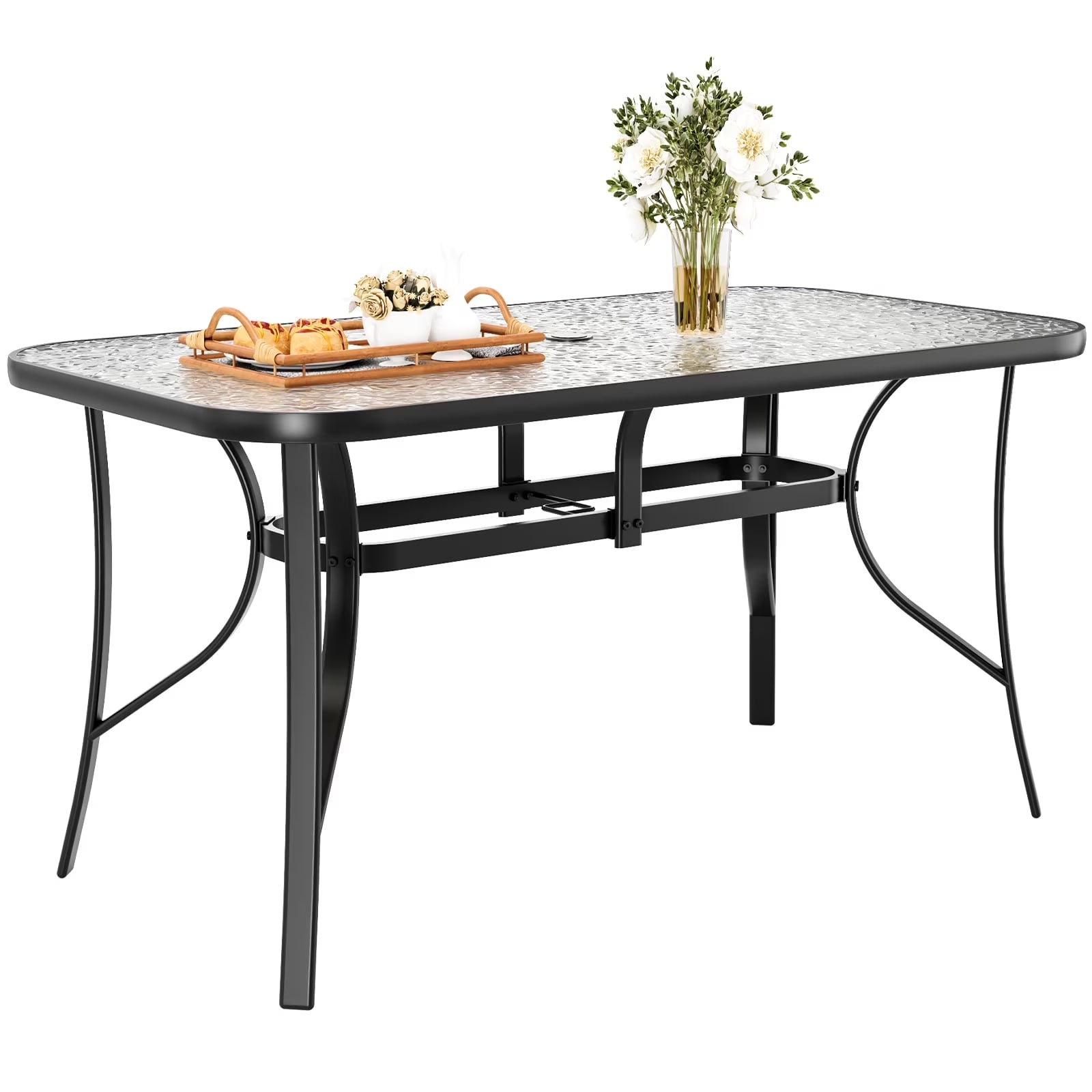 Pirecart Outdoor Glass Table with Umbrella Hole, Patio Dining Table for 6, for Garden, Balcony, Backyard, Poolside, Lawn, Gray