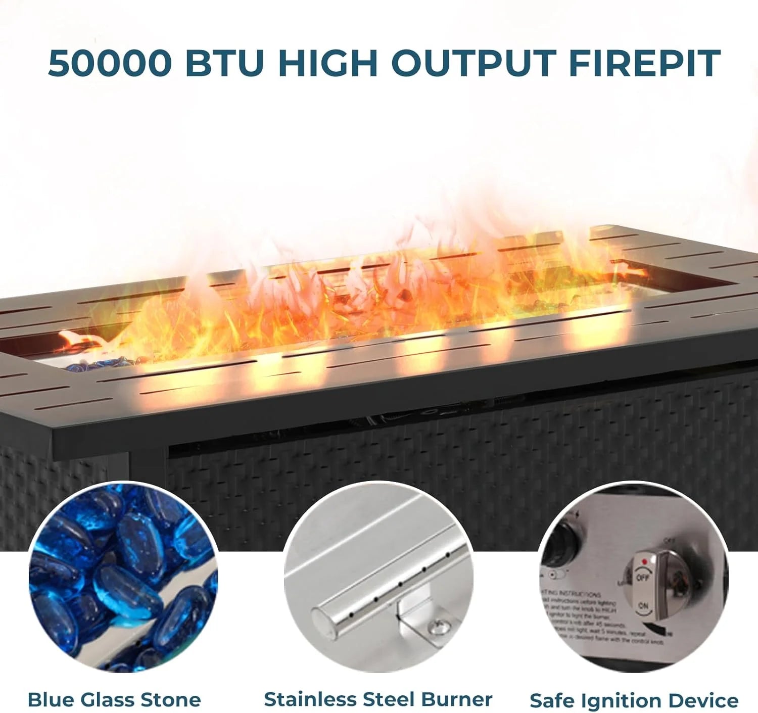 Simenmax 45'' Propane Fire Pit Table, 50,000 BTU Square Outdoor Gas Firepit with Steel Tabletop, Glass Wind Guard, Blue Glass Stone and Waterproof Cover for Garden, Patio, Deck, Yard
