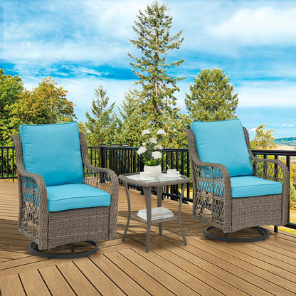 Twister.CK 3 Pieces Patio Furniture Set, Outdoor Swivel Gliders Rocker, Wicker Patio Bistro Set with Rattan Rocking Chair, Glass Top Side Table and Thickened Cushions for Porch Deck Backyard