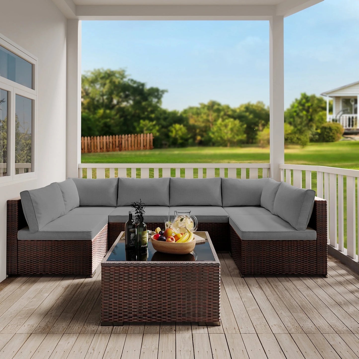 Patio Furniture Set on Sale, Lofka 7-Piece Outdoor Sectional Furniture Set with Glass Coffee Table Garden, Gray