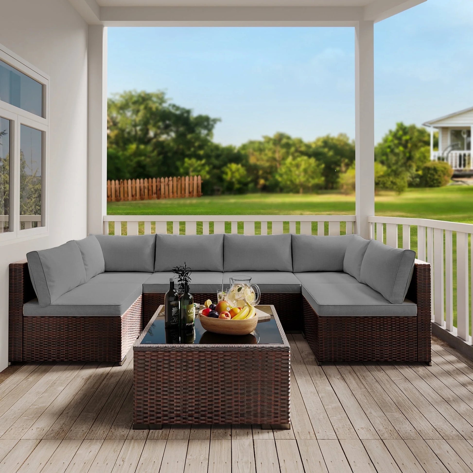 Patio Furniture Set on Sale, Lofka 7-Piece Outdoor Sectional Furniture Set with Glass Coffee Table Garden, Gray