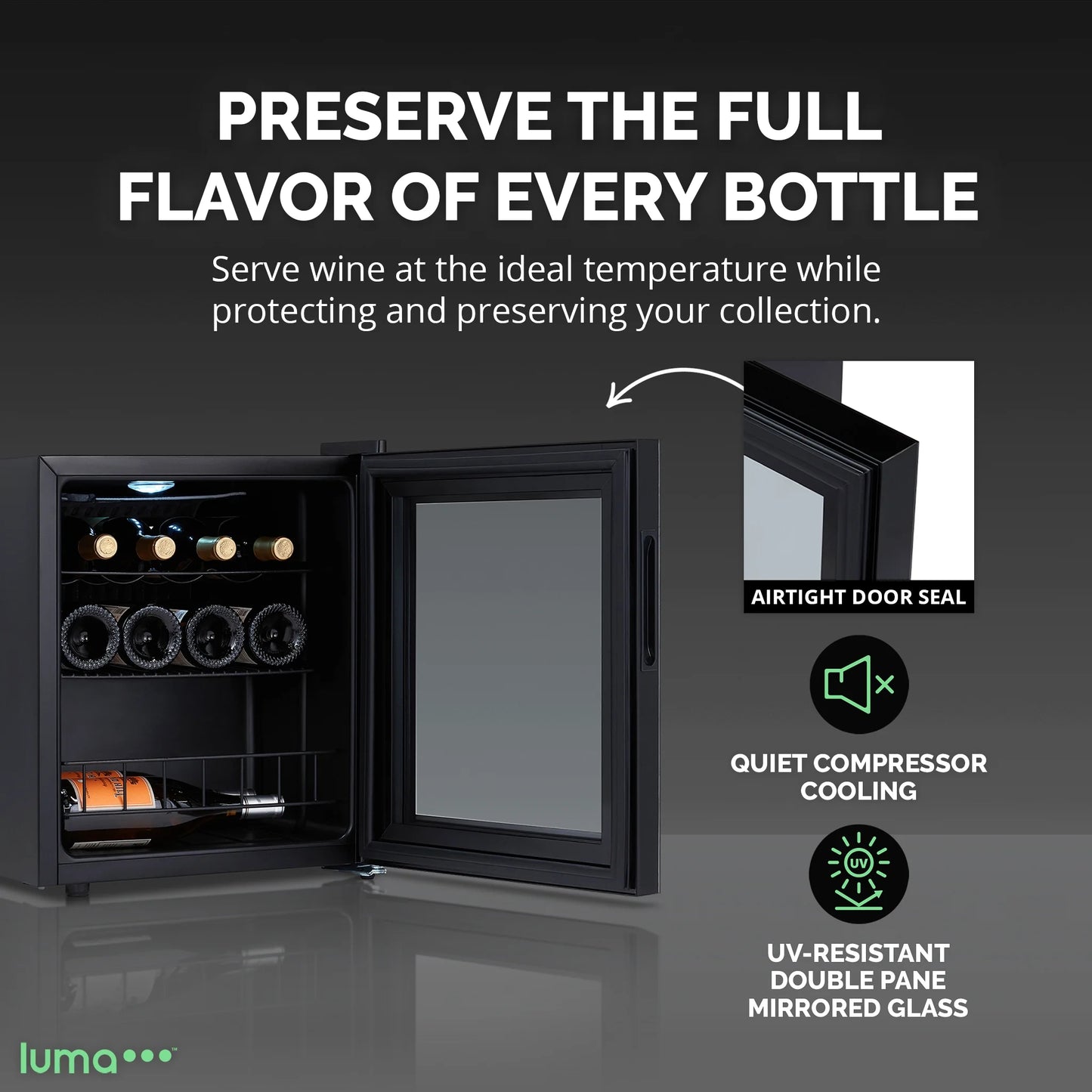 Luma Shadow Series Wine Cooler Refrigerator 16 Bottle, Freestanding Mirrored Wine Fridge with Double-Layer Tempered Glass Door & Compressor Cooling for Reds, Whites, and Sparkling Wine