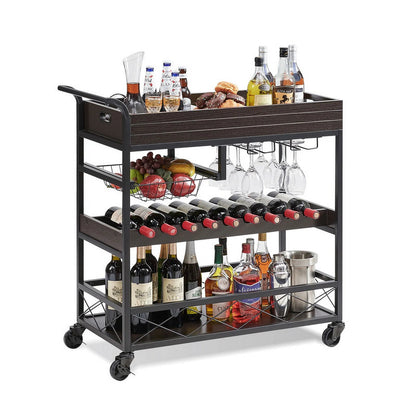 Utopia Alley KF03BZ 3 Tier Kitchen Island Cart on Lockable Wheels with Wine Rack, Glass Holder & Handle for Home