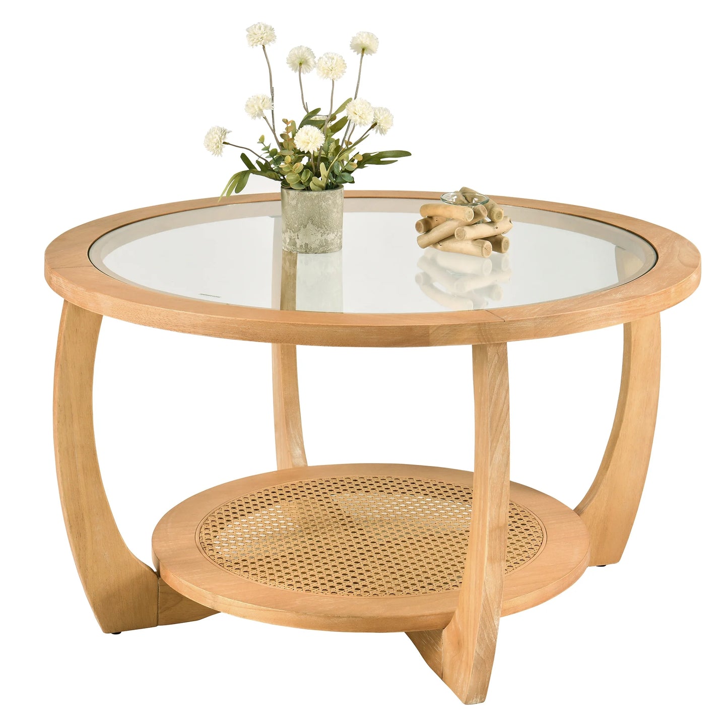 Round Wood Coffee Table with Glass Rattan Top, Wooden Circle Center Table with Curved Legs & Removeable Tempered Glasstop, Cocktail Table for Living Room, Light Brown 32.28" x 18.15"
