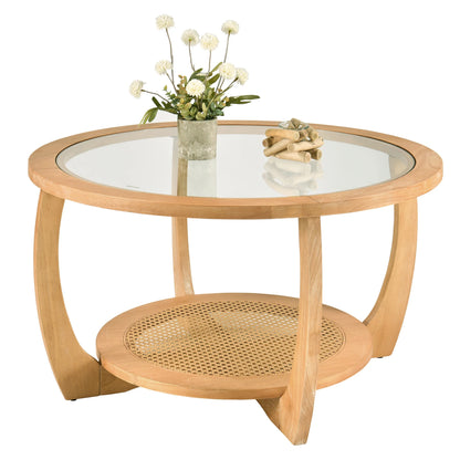 Round Wood Coffee Table with Glass Rattan Top, Wooden Circle Center Table with Curved Legs & Removeable Tempered Glasstop, Cocktail Table for Living Room, Light Brown 32.28" x 18.15"