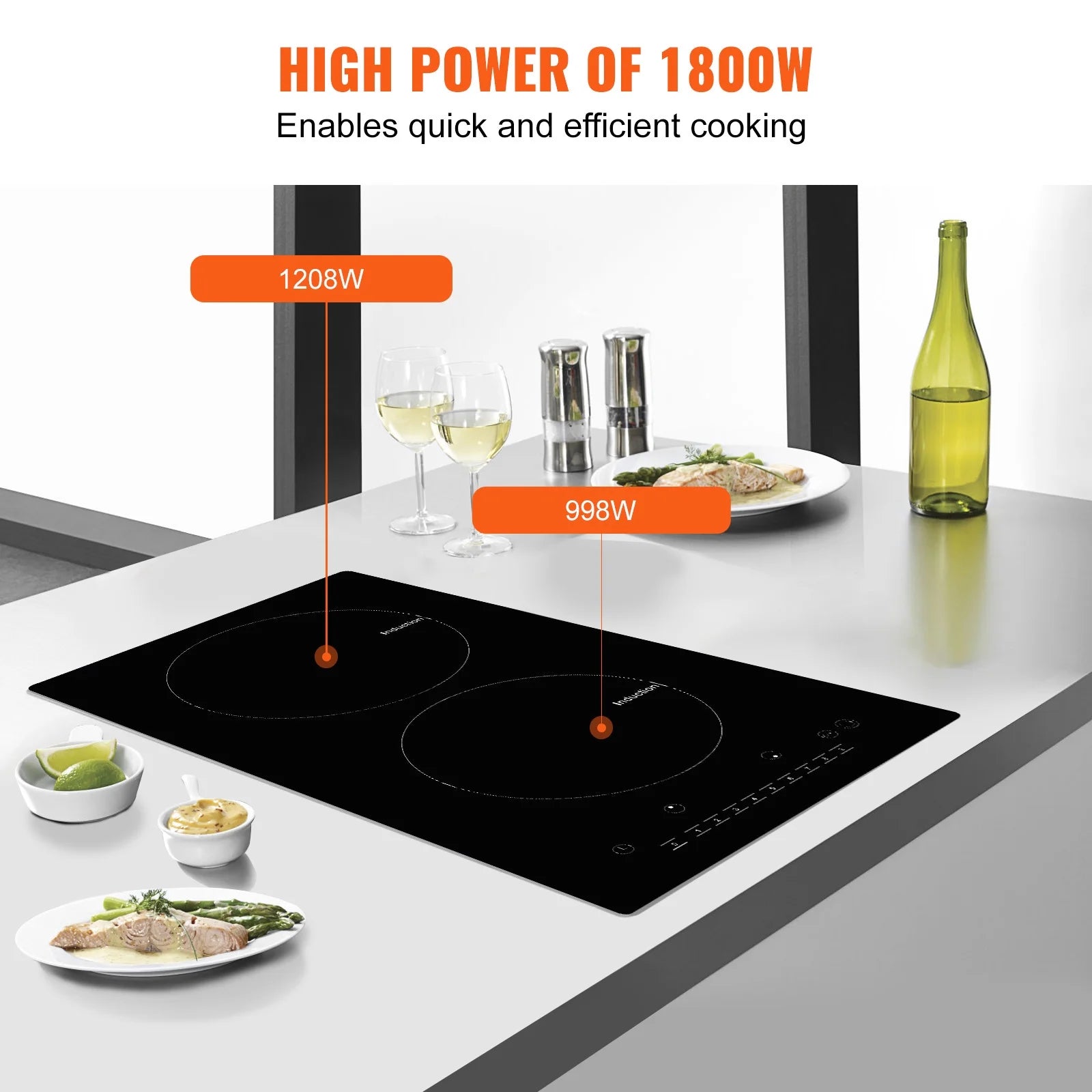 KFFKFF 12" Electric Cooktop, 1800W 2 Burners Ceramic Glass Stove Top Touch Control Built-in Magnetic Cooktop w/9 Heating Level Child Lock & Over-Temperature Protection