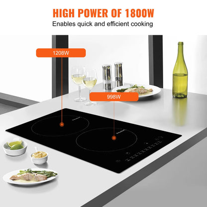 KFFKFF 12" Electric Cooktop, 1800W 2 Burners Ceramic Glass Stove Top Touch Control Built-in Magnetic Cooktop w/9 Heating Level Child Lock & Over-Temperature Protection