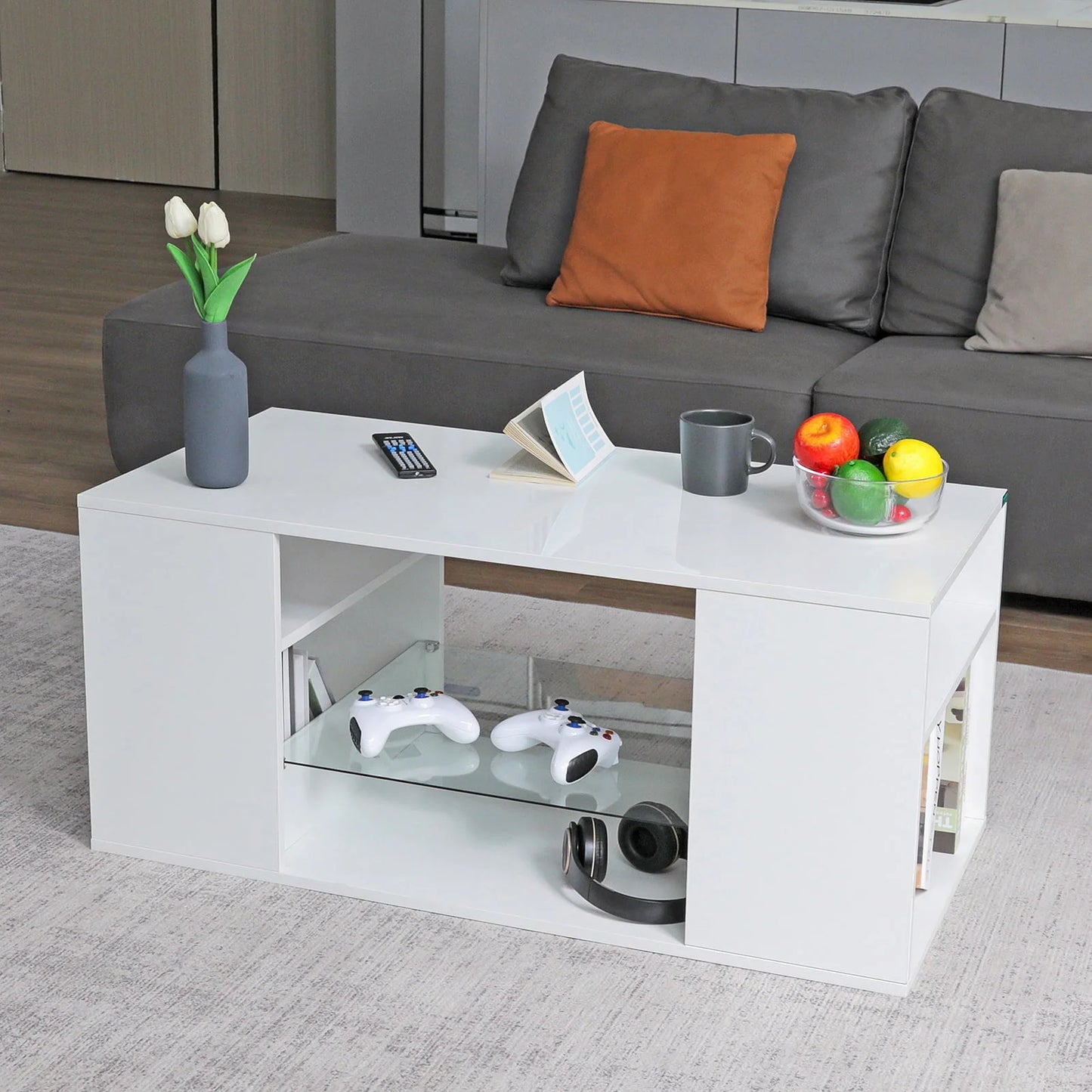 Hommpa LED Coffee Table with Glass Display Shelves for Living Room App and Remote Control LED Lights High Gloss Center Table Sofa Side Tables