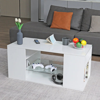 Hommpa LED Coffee Table with Glass Display Shelves for Living Room App and Remote Control LED Lights High Gloss Center Table Sofa Side Tables