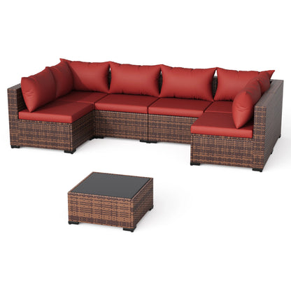 ELPOSUN 7 Pieces Patio Furniture Set All Weather Outdoor Sectional Sofa, Outdoor Modern Sectional Furniture Wicker Couch with Glass Coffee Table, Thicken Red Cushions, Water Resistant