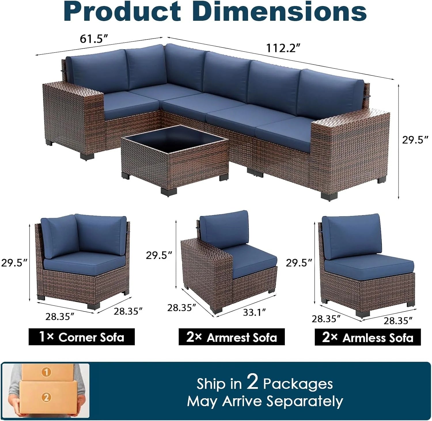 ELPOSUN Outdoor Sectional Furniture Set 6-Piece Brown Rattan Wicker Conversation Sofa Set with Glass Top Table and Waterproof Covers,Blue Cushions