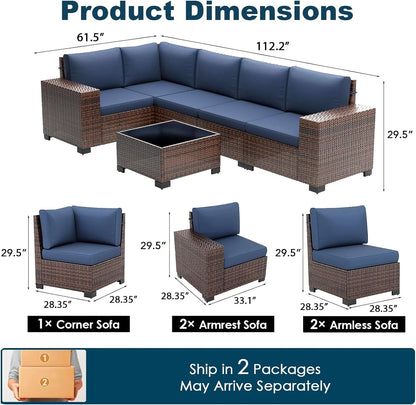 ELPOSUN Outdoor Sectional Furniture Set 6-Piece Brown Rattan Wicker Conversation Sofa Set with Glass Top Table and Waterproof Covers,Blue Cushions