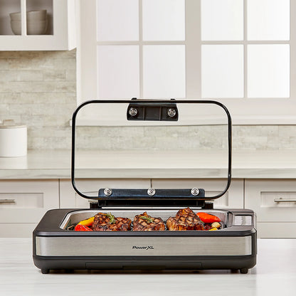 Open Box Power XL Smokeless Grill Elite Plus Indoor Electric Grill with Tempered Glass Lid, Non-Stick, Black
