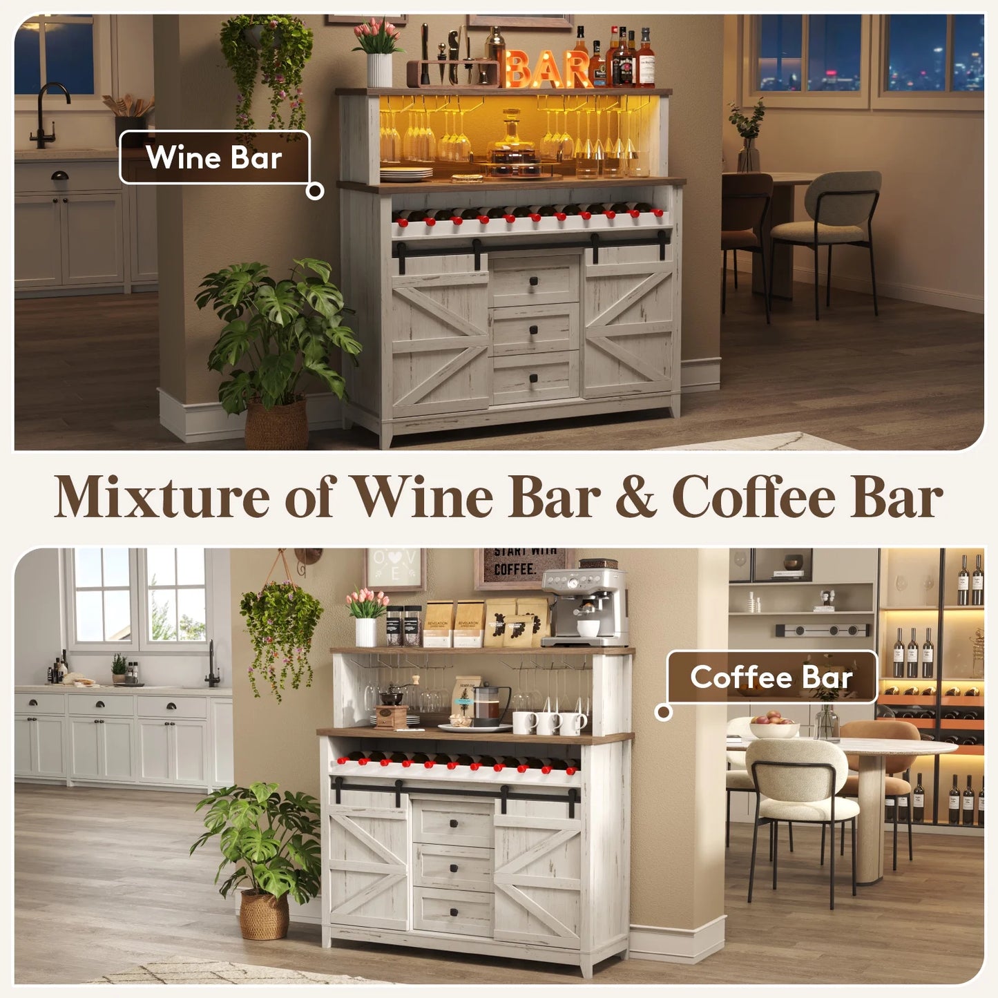 Lifewit Farmhouse Wine Bar Cabinet with Sliding Bar Door and Led Lights, Sideboard with 2 Layers Tabletops, Wine and Glass Racks, 2 Storage Cabinets with Adjustable Shelf, 3 Drawers, Rustic White