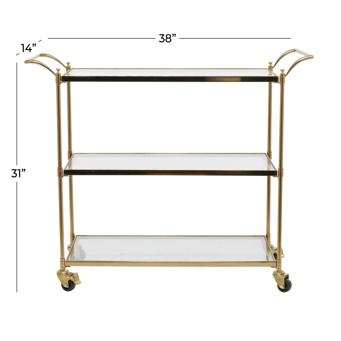 DecMode Traditional 3 Tier Gold Metal Bar Cart with Transparent Glass Shelves, 38"W x 31"H