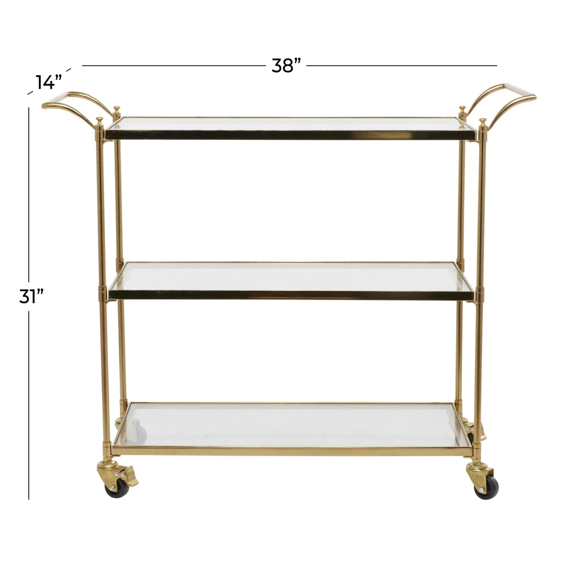 DecMode Traditional 3 Tier Gold Metal Bar Cart with Transparent Glass Shelves, 38"W x 31"H