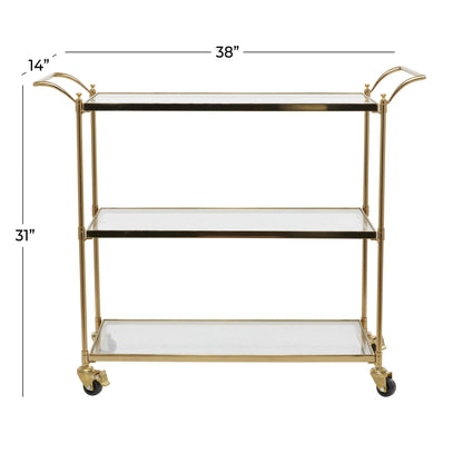 DecMode Traditional 3 Tier Gold Metal Bar Cart with Transparent Glass Shelves, 38"W x 31"H