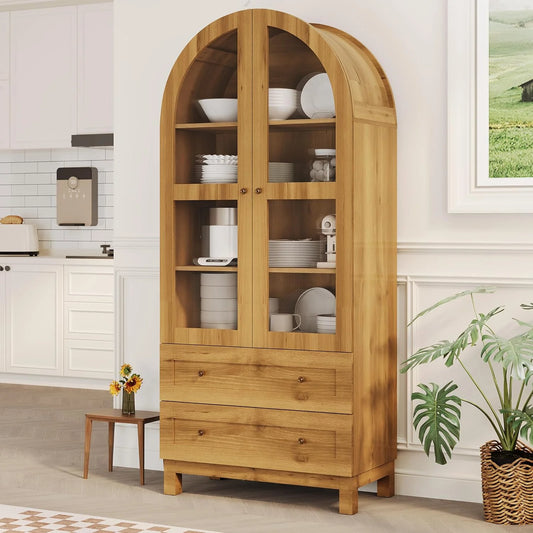 Litake 71" Tall Arched Bookshelf, Modern Bookcase with 2 Drawers, Glass Door and Adjustable Shelf, Wooden Display Cabinet, Versatile Bookshelf Kitchen Storage Pantry for Living Room, Bedroom- Natural