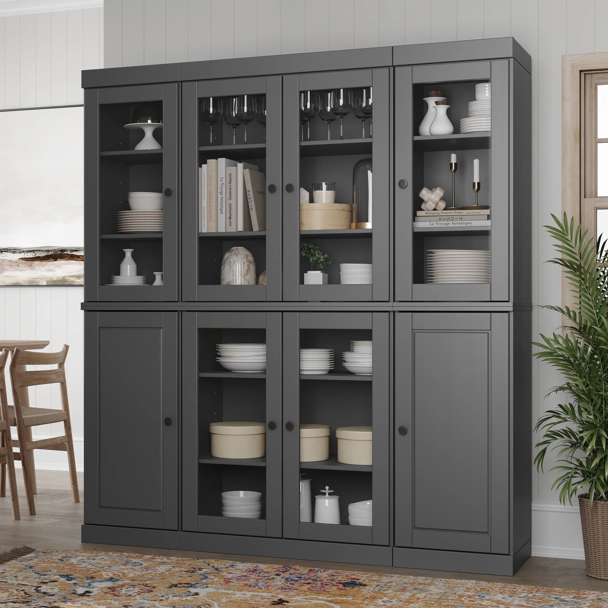 Palace Imports 100% Solid Wood Kitchen Pantry Storage Cabinet with Glass Doors and Adjustable Shelves, Black