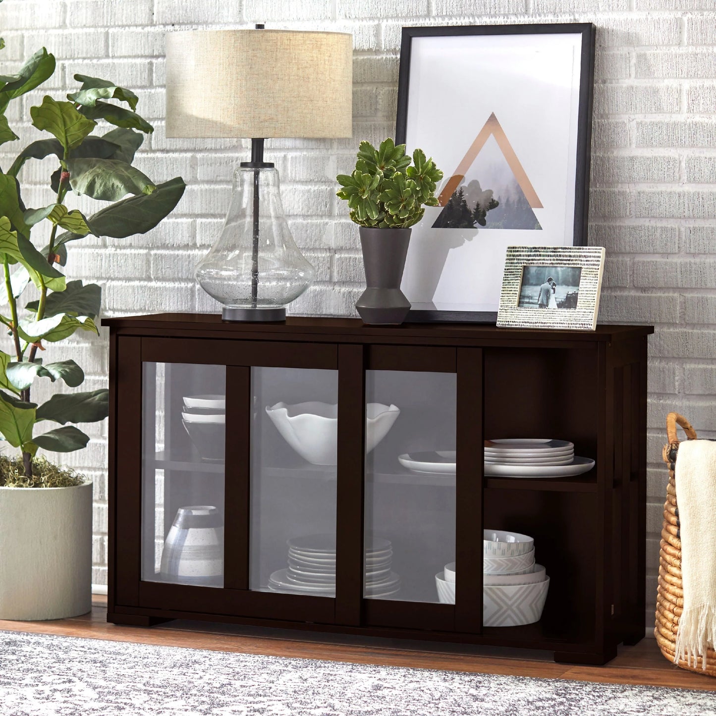 TMS 42°?Wide Contemporary Tempered Glass Sliding Door Stackable Dining Room Sideboard, Espresso Brown Finish