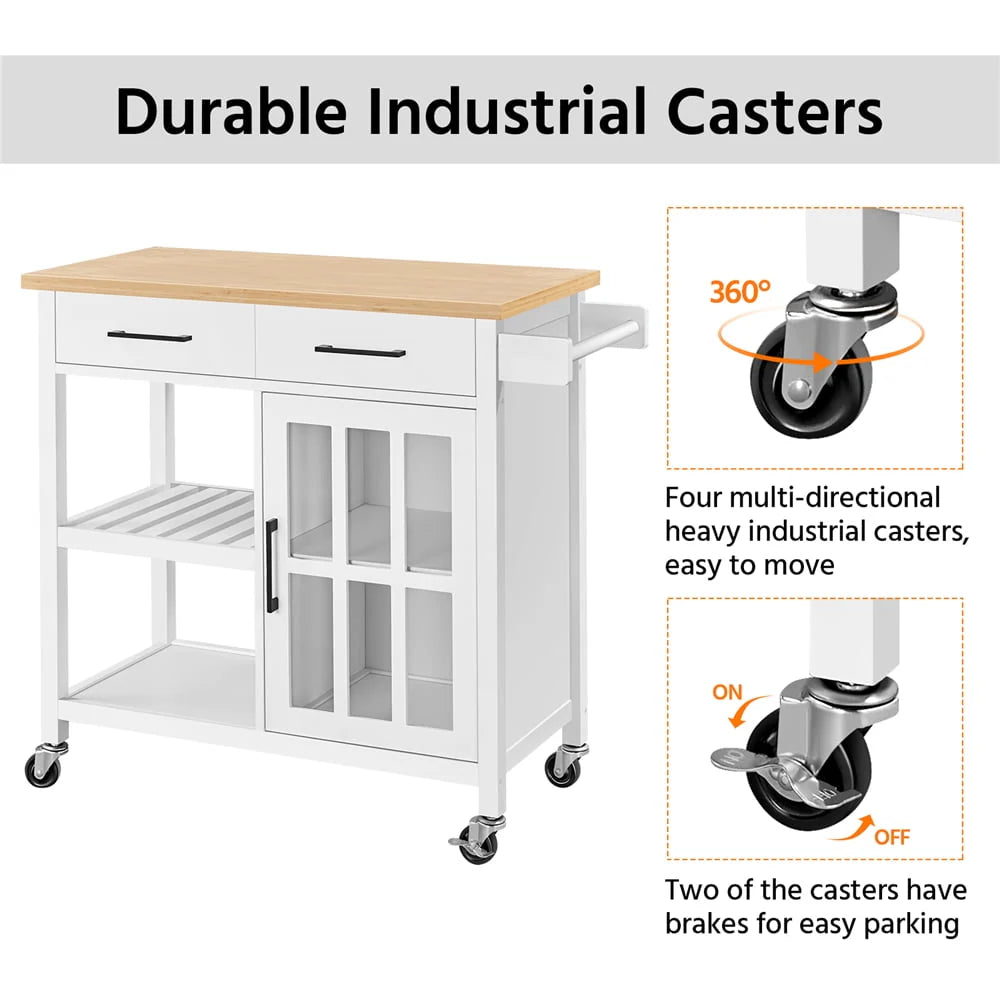 Topeakmart Rolling Kitchen Cart with Bamboo Top & Storage & Tempered Glass Cabinet Door White