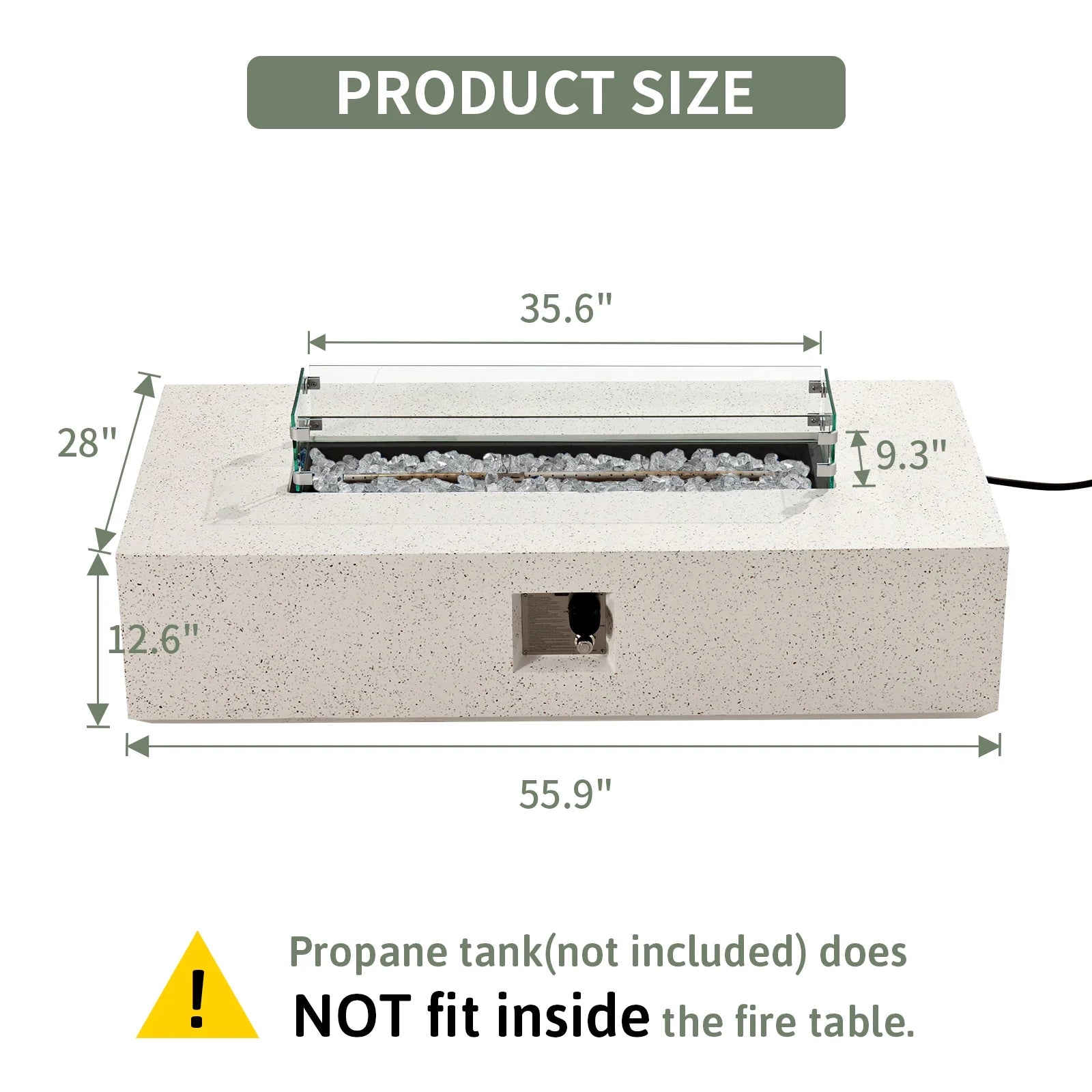COSIEST Outdoor Rectangular Propane Fire Pit Table, Terrazzo White Concrete Finish, 50,000 BTU Stainless Steel Burner with Glass Wind Guard, Rain Cover