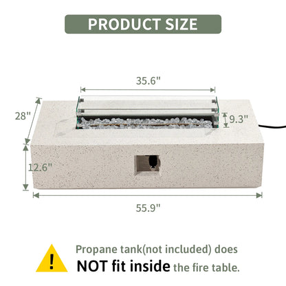 COSIEST Outdoor Rectangular Propane Fire Pit Table, Terrazzo White Concrete Finish, 50,000 BTU Stainless Steel Burner with Glass Wind Guard, Rain Cover