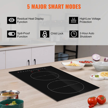 KFFKFF 2 Burner Electric Cooktop, 12 -Inch Built -In Electric Stove Top with 9 Heating Levels and Touch Control, Easy To Clean Ceramic Glass Surface