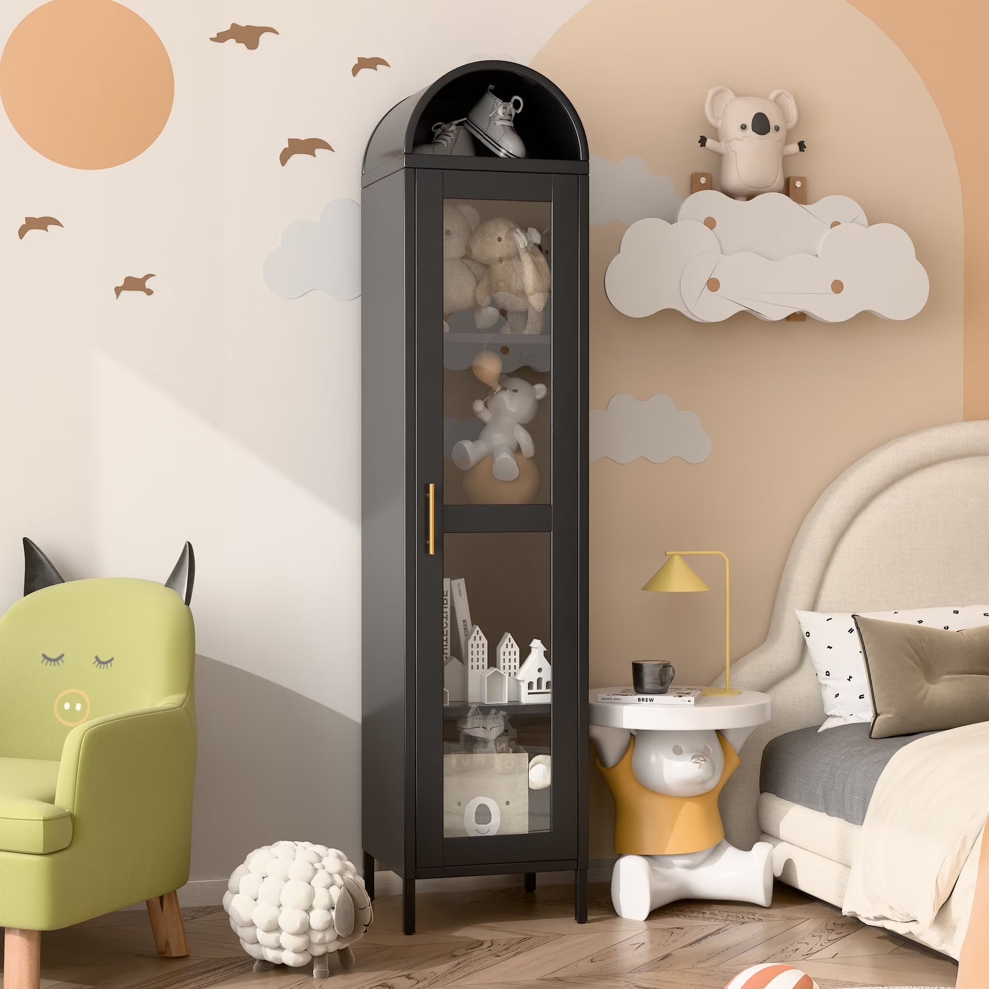 SUXXAN Metal Arched Storage Display Lockable Cabinets with Glass Doors and Adjustable Shelves, Assembly Required, Black