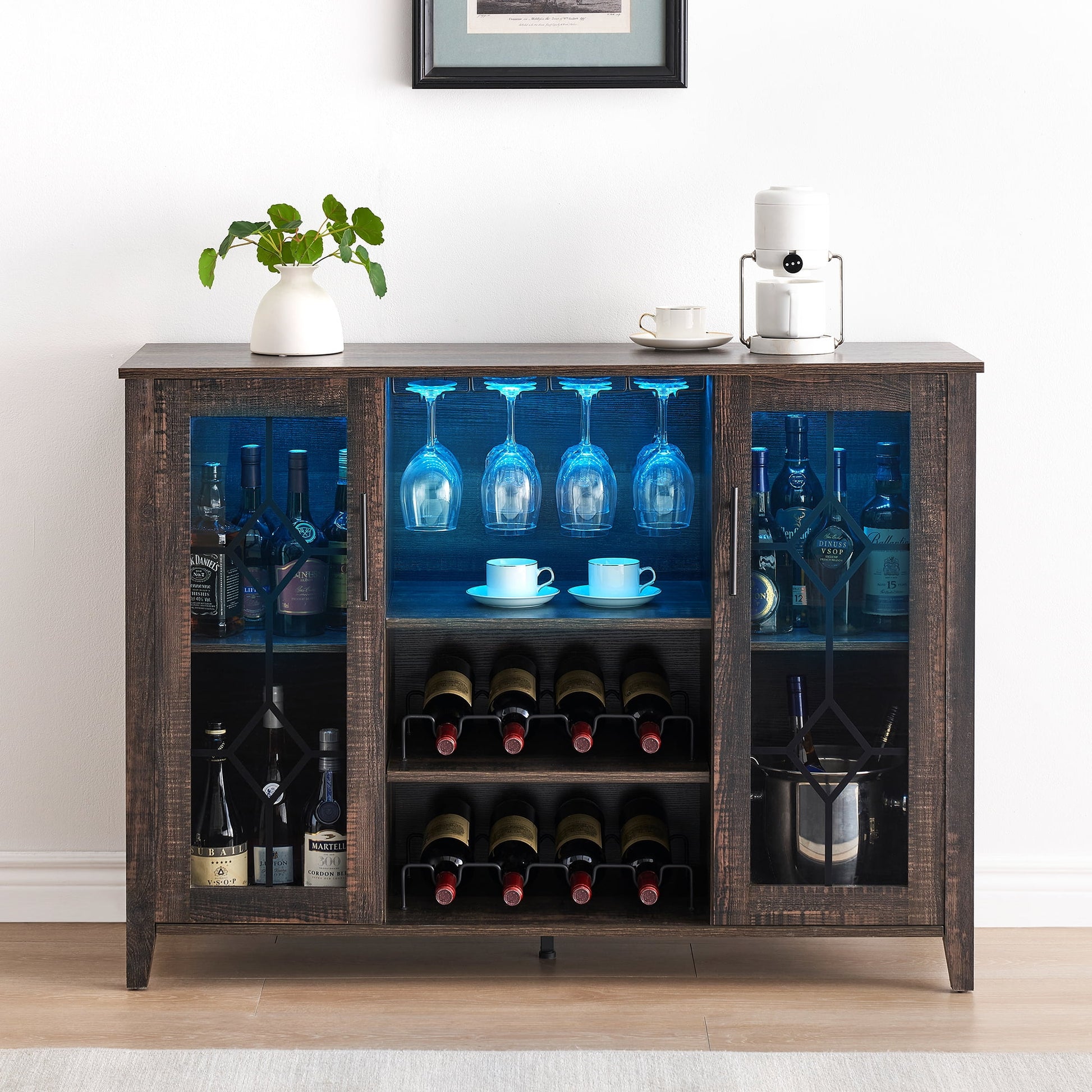 Huloretions Wine Bar Cabinet with LED Light,Modern Liquor Cabinet,Kitchen Buffet Sideboard with Storage Cabinet& Drawers,Coffee Cabinet with Wine and Glass Rack for Home
