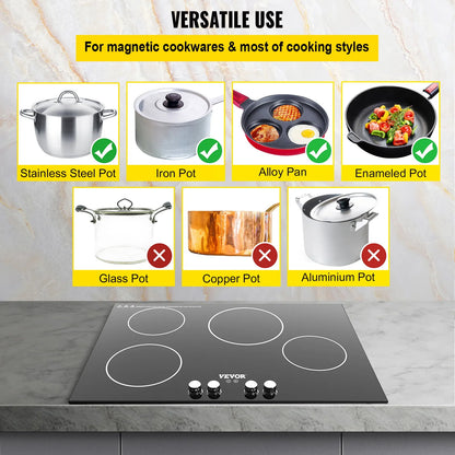 VEVOR Built-in Induction Cooktop, 30 inch 4 Burners, 220V Ceramic Glass Electric Stove Top with Knob Control, Timer & Child Lock Included, 9 Power Levels with Boost Function for Simmer Steam Fry