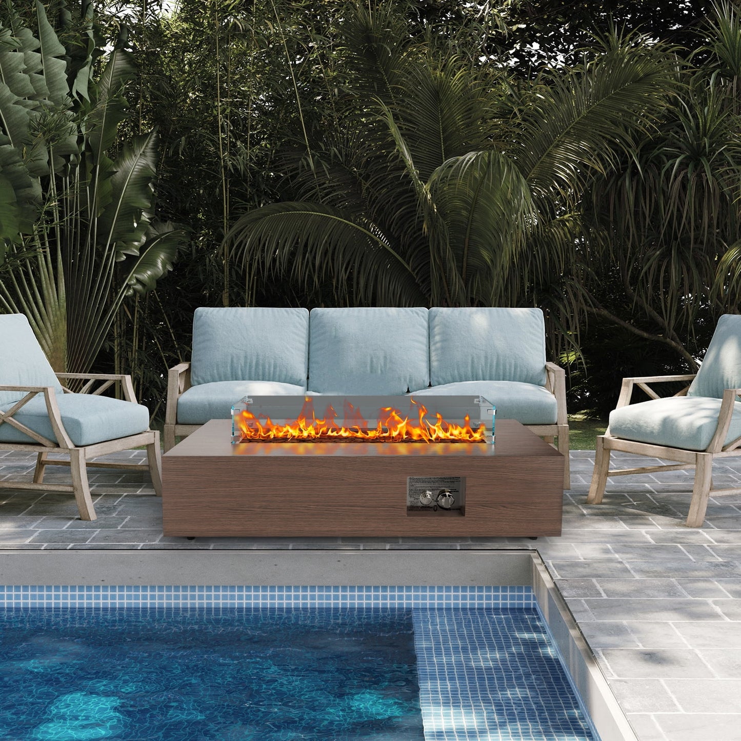 WFUN 43" Outdoor Propane Fire Pit Table with Glass Wind Guard & Cover for Garden, Pool, Backyard, CSA certification, Brown