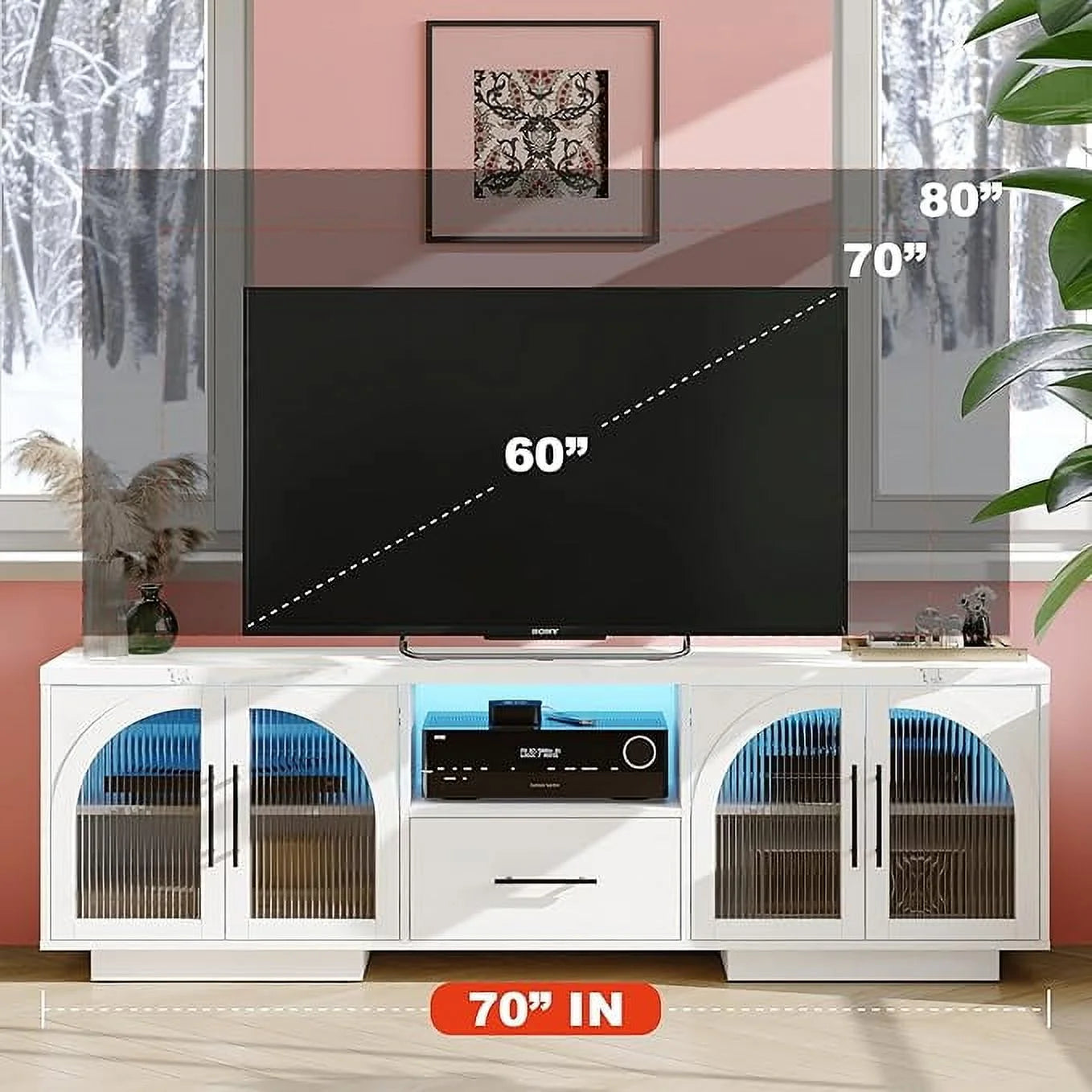 TV Stand for 75 inch TV, LED TV Stand for Living Room,70" Entertainment Center with Arched Glass Doors, Faux Marble Wood Finish Top, Adjustable Shelves, and LED Lighting, Black