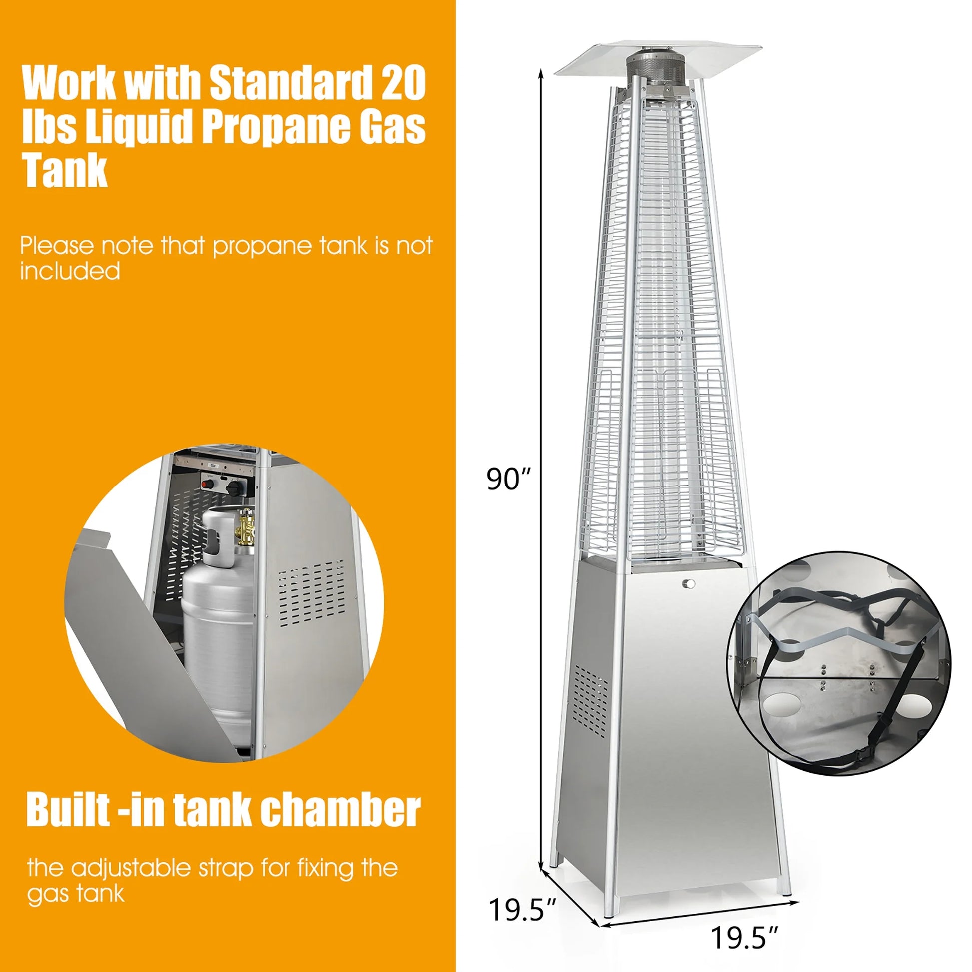 Costway 90'' Tall Pyramid Patio Heater Quartz Glass Tube Flame Heating 42000 BTU W/Wheel