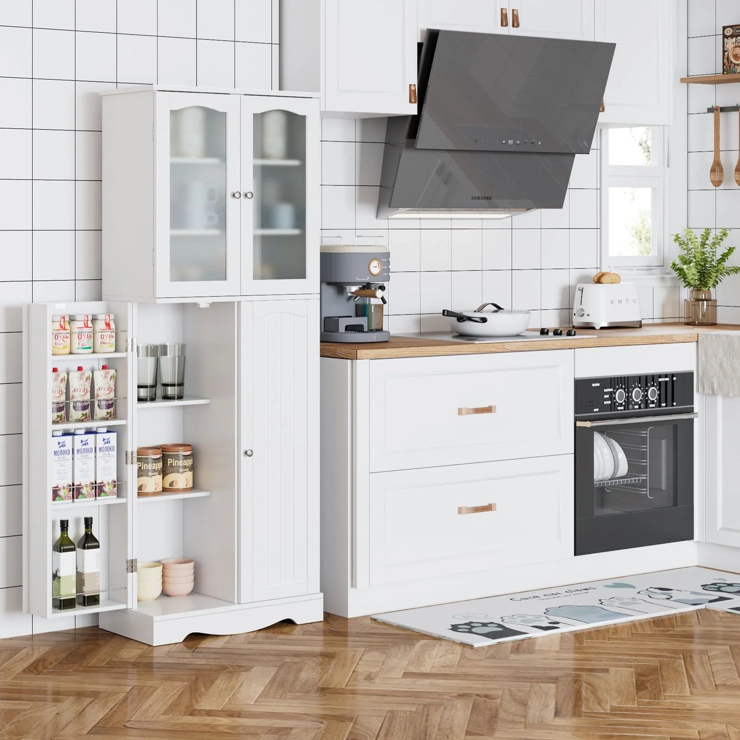 Homfa Kitchen Food Pantry Cabinet, 63.5'' Tall Storage Cabinet with Frosted Glass Doors and Adjustable Shelves, White