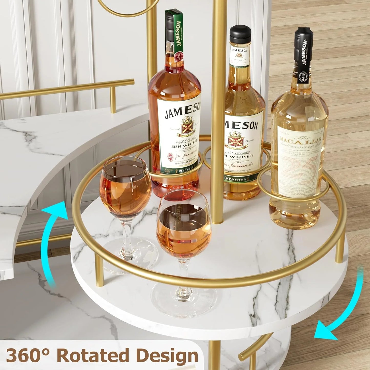 Yesurprise Gold Bar Cart 3 Tier Bar Carts for The Home Rotated Bar Cart Gold with Wine Rack and Glass Holder Bar Serving Cart with Wheels for Living Room Kitchen Dining Room