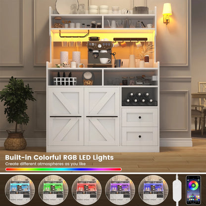 Winkalon Farmhouse Coffee Bar with LED Lights, 41.3 inch Coffee Bar Cabinet with Storage, Wine Bar Cabinet with Wine and Glass Rack for Living, Dining Room, White