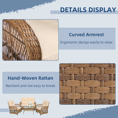 SOCIALCOMFY 4-Piece Wicker Patio Furniture Sets Outdoor All-Weather Rattan Conversation Set Includes Glider Loveseat, Glass-Top Coffee Table, 2 Glider Rocker Chairs with Thickened Cushions