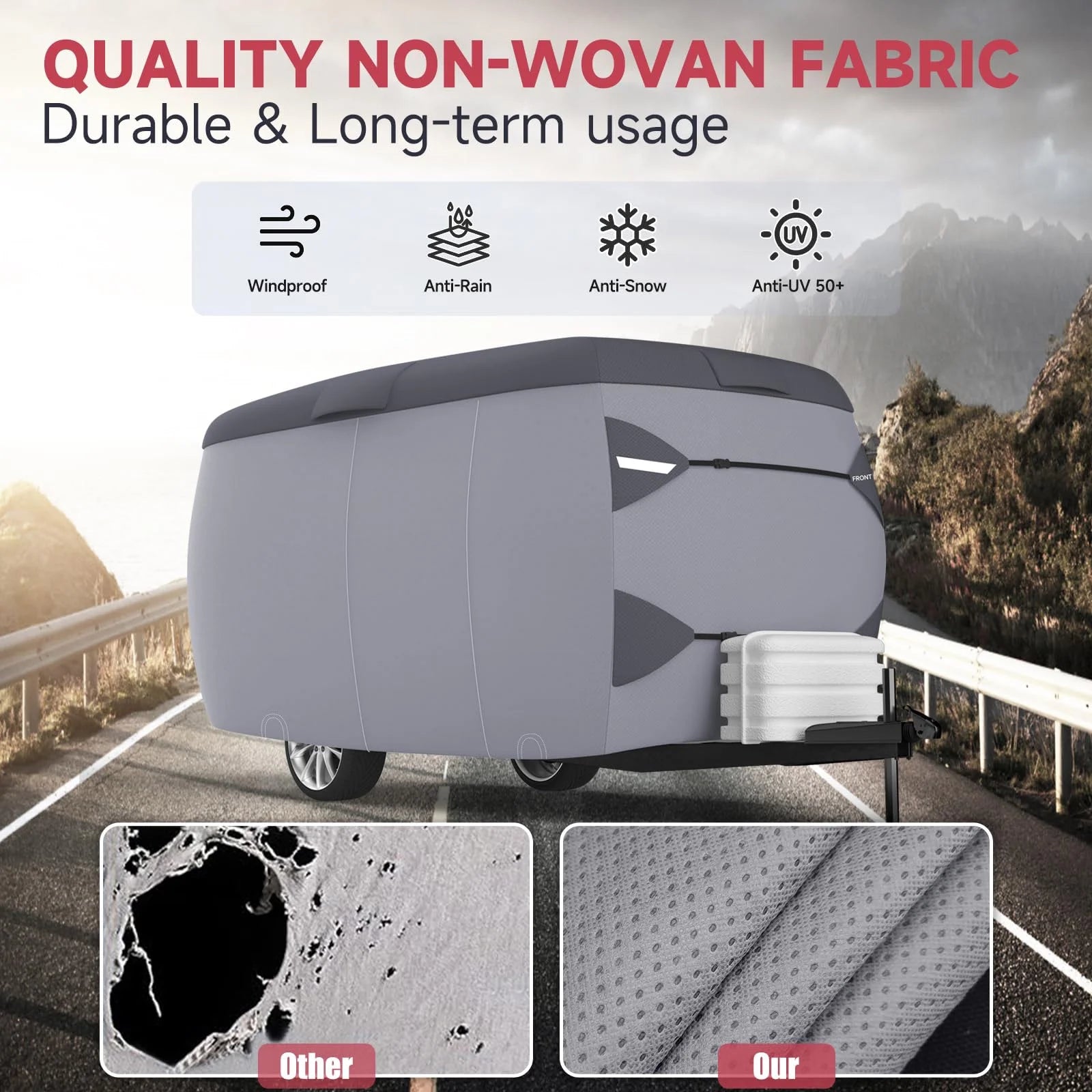 Fiberglass Travel Trailer Cover for 8'-10' 80" Wide Camper Cover 7 Layers Top RV Cover Windproof Strap Adhesive Repair Patches