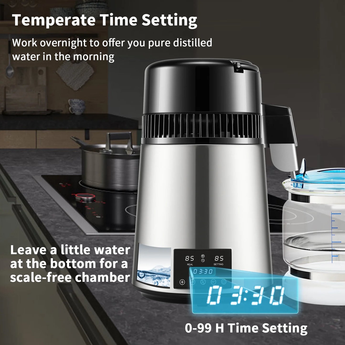 BENTISM 4L 750W Water Distiller with Dual Temp Display & Glass Carafe, Silver