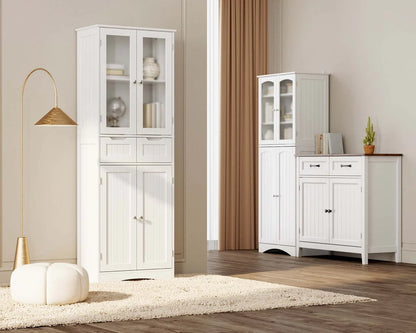 Aiho 66.9 "H Kitchen Pantry Storage Cabinet with 2 Drawers and Glass Doors for Kitchen - White